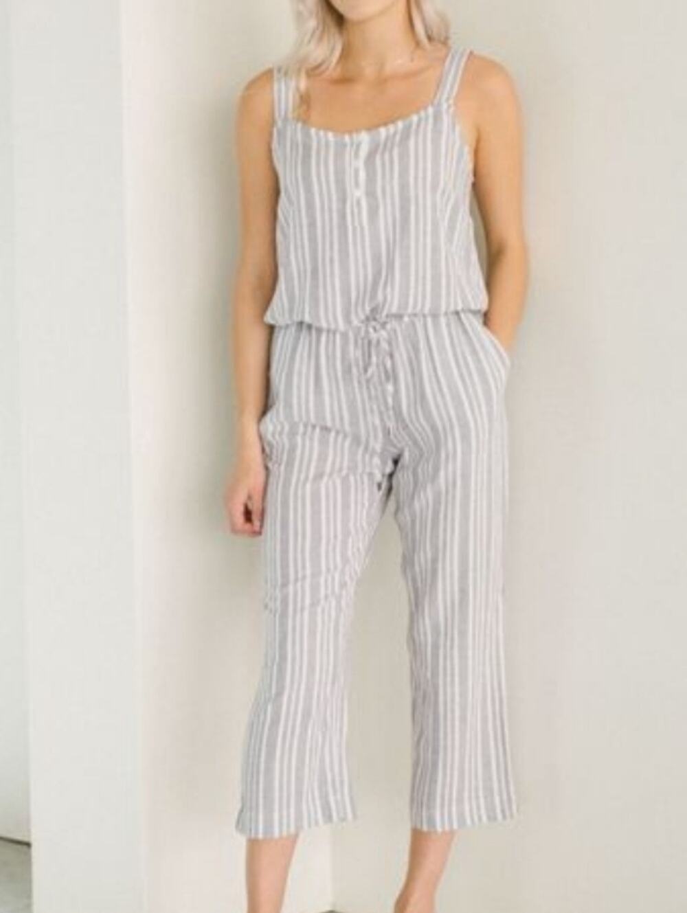 RAILS Striped Cropped Brooklyn Linen Blend Jumpsuit Size Small